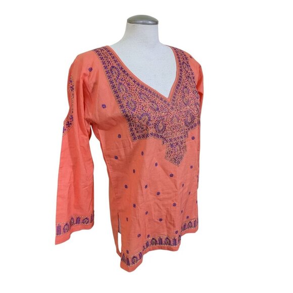 Womens Large Tunic Top Orange Purple Embroidered Cotton Boho Resort Beach Hippie - Picture 4 of 9